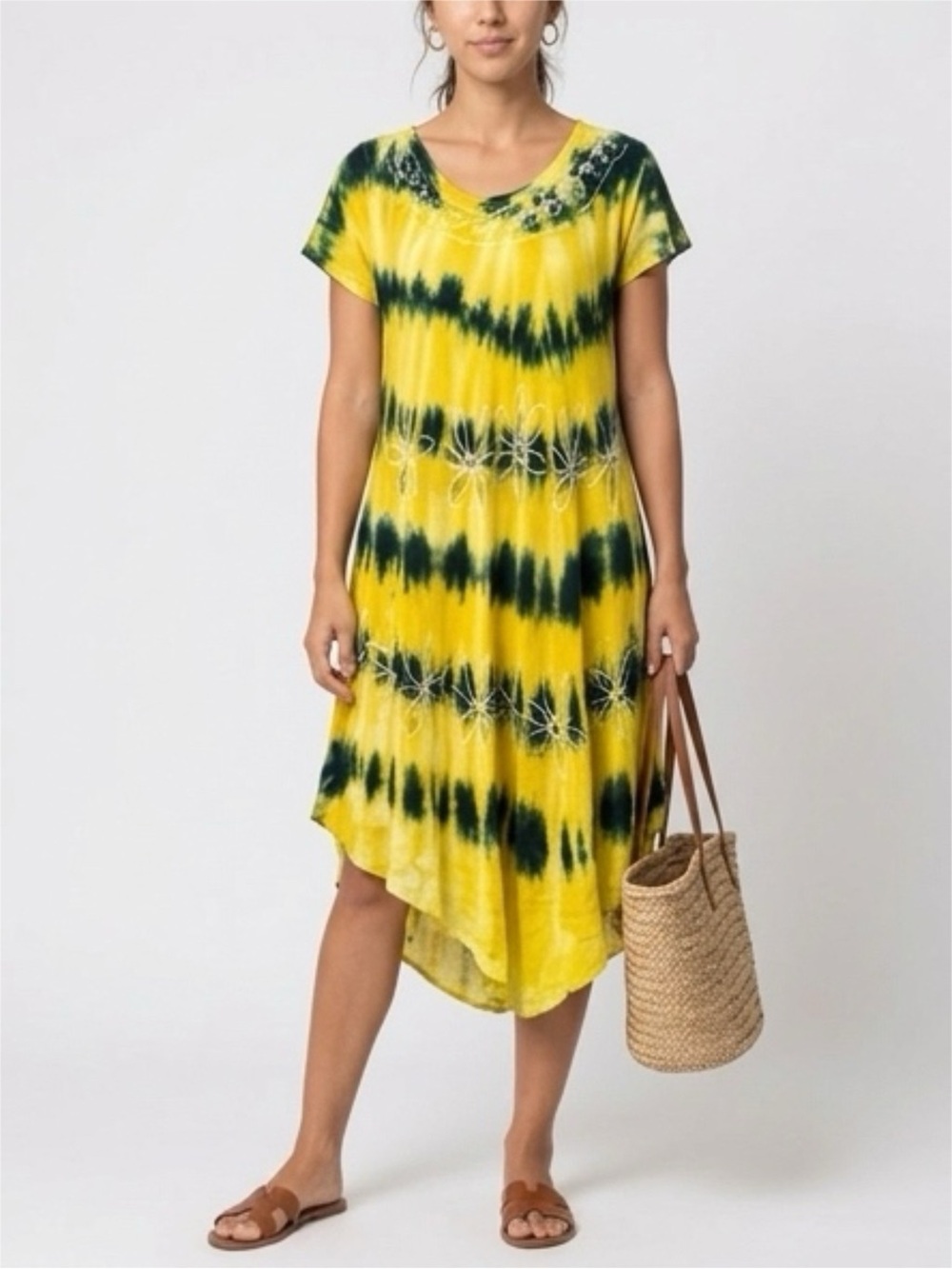 Jessica Taylor - Yellow & Green Tie‑Dye‎ Embroidered Dress – Size Large